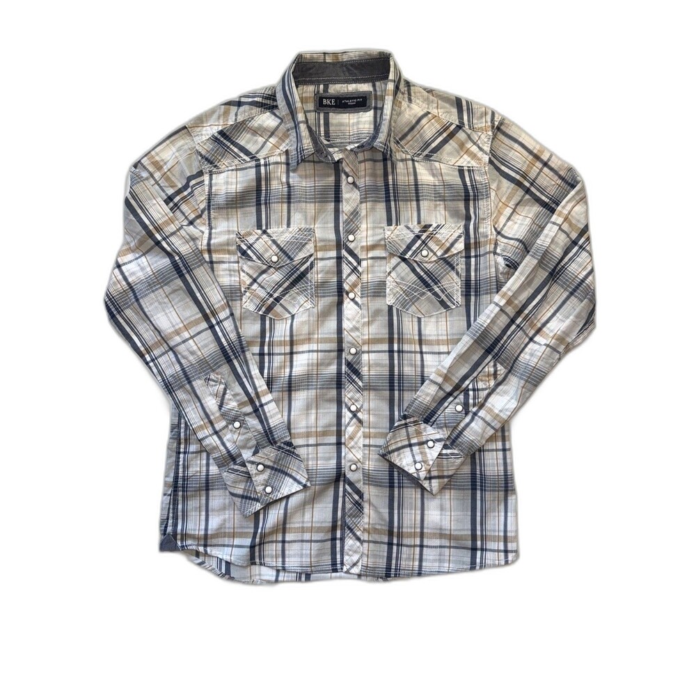 BKE Men’s Medium Blue Plaid Pearl Snap Western Shirt Athletic Fit Stretch Knit